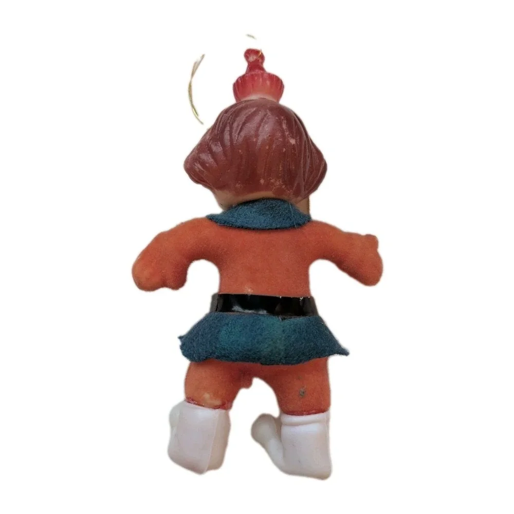 Vintage Flocked Pixie Elf Christmas Tree Ornament Brown Hair‎ Blue Eyes 4